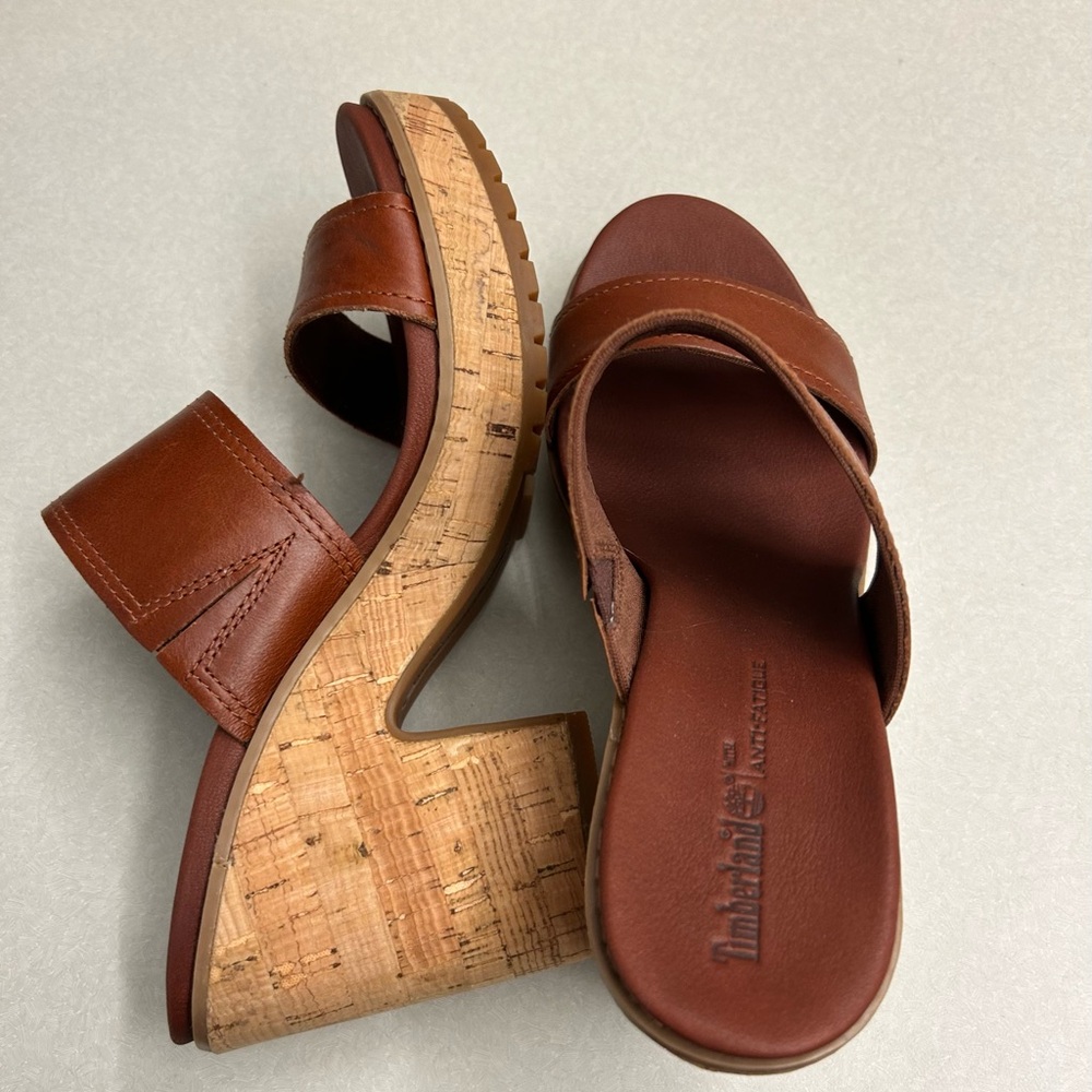 Timberland Leather Cork Platform Sandals Chunky Heel.size 7 - Picture 3 of 4